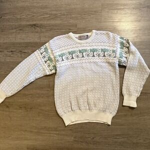 VTG Michael Ross Fair Isle Sweater Tree Pattern 100% Cotton Made In England L